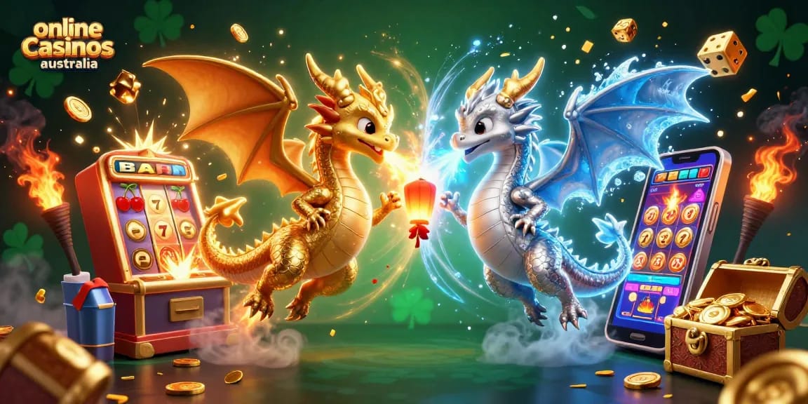 Engage with online casinos Australia through a magical 3D scene featuring dragons, slots, and jackpots.