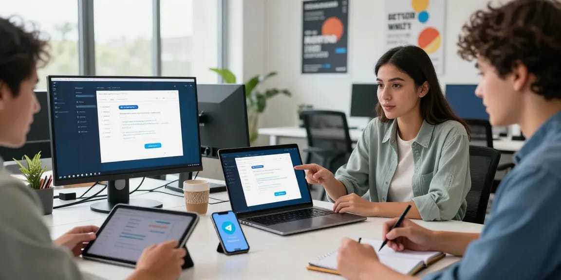 Explore Telegram Download in a modern workspace with team collaboration and tech gadgets.