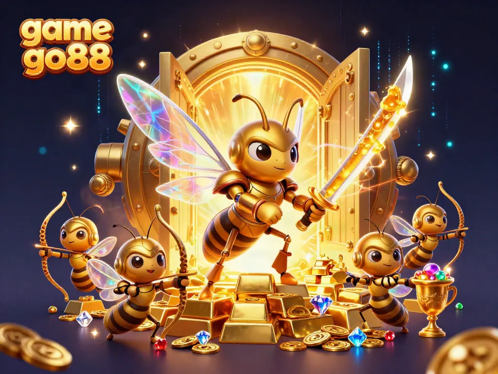 Experience the thrill of the game go88 with vibrant 3D characters surrounded by treasure and excitement.