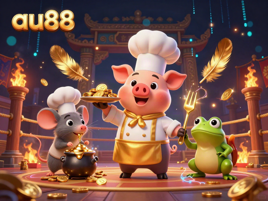Engage in the action at au88, where a chef pig serves gold coins amidst vibrant casino elements.
