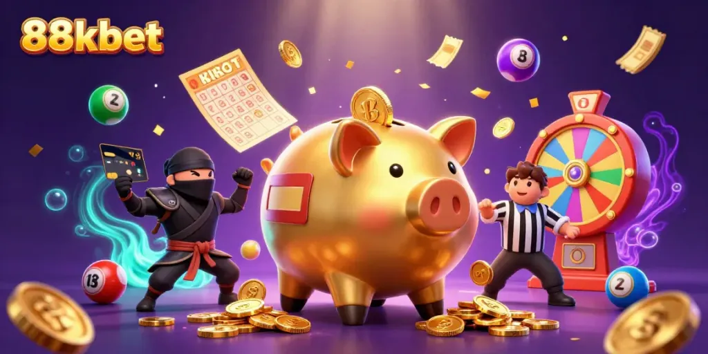 88kbet's dynamic casino scene with a golden piggy bank wrestler and colorful lottery elements