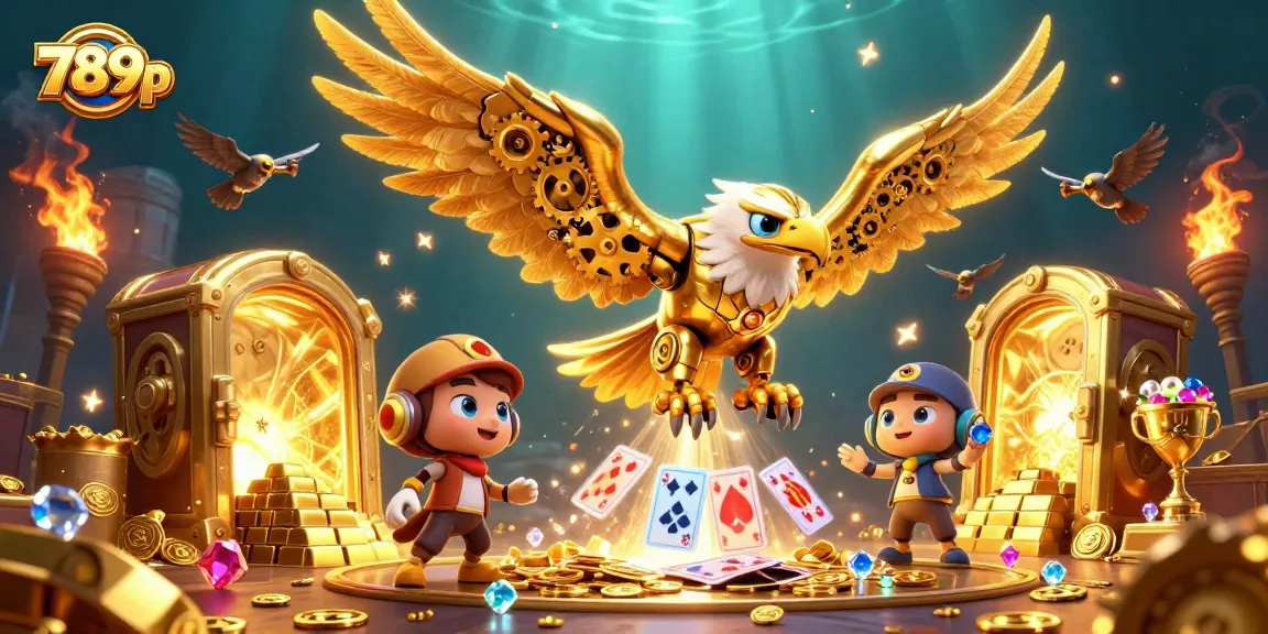 Engage with immersive gameplay at 789p casino, featuring a 3D cybernetic eagle surrounded by treasures.