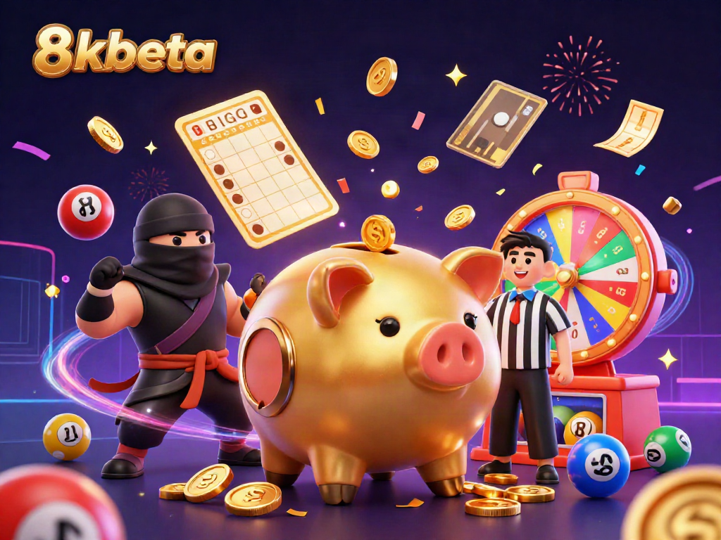Engage in the thrilling action at 8xbeta, featuring a dynamic casino scene with a golden piggy bank sumo wrestler and colorful gaming elements.