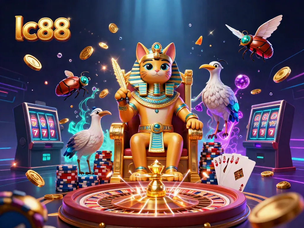 Experience the thrill of lc88 casino with a vibrant scene of a pharaoh cat, coins, and spinning roulette.