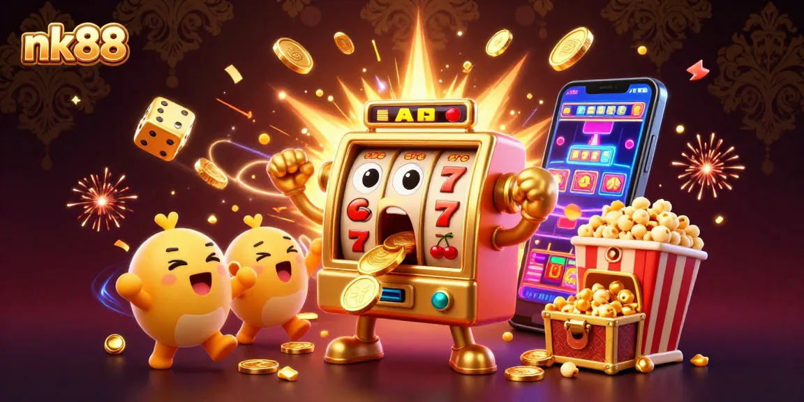 Engage with nk88's vibrant gaming atmosphere as the golden slot machine celebrates a jackpot, showering coins everywhere.