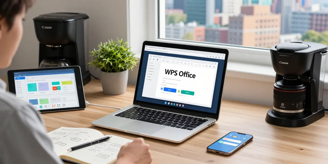 Workspace featuring a person downloading WPS Office on a laptop with productivity tools, plants, and bright ambient lighting.
