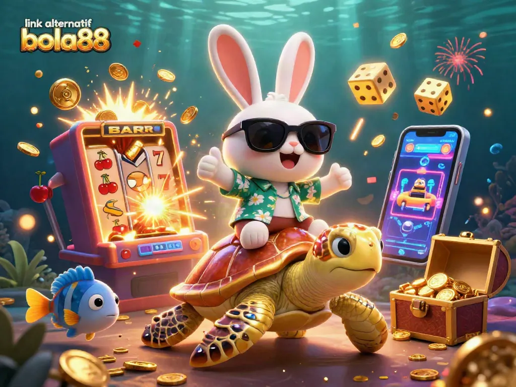Spin for fortune with link alternatif bola88 in a vibrant 3D casino scene featuring a lucky rabbit and treasures.