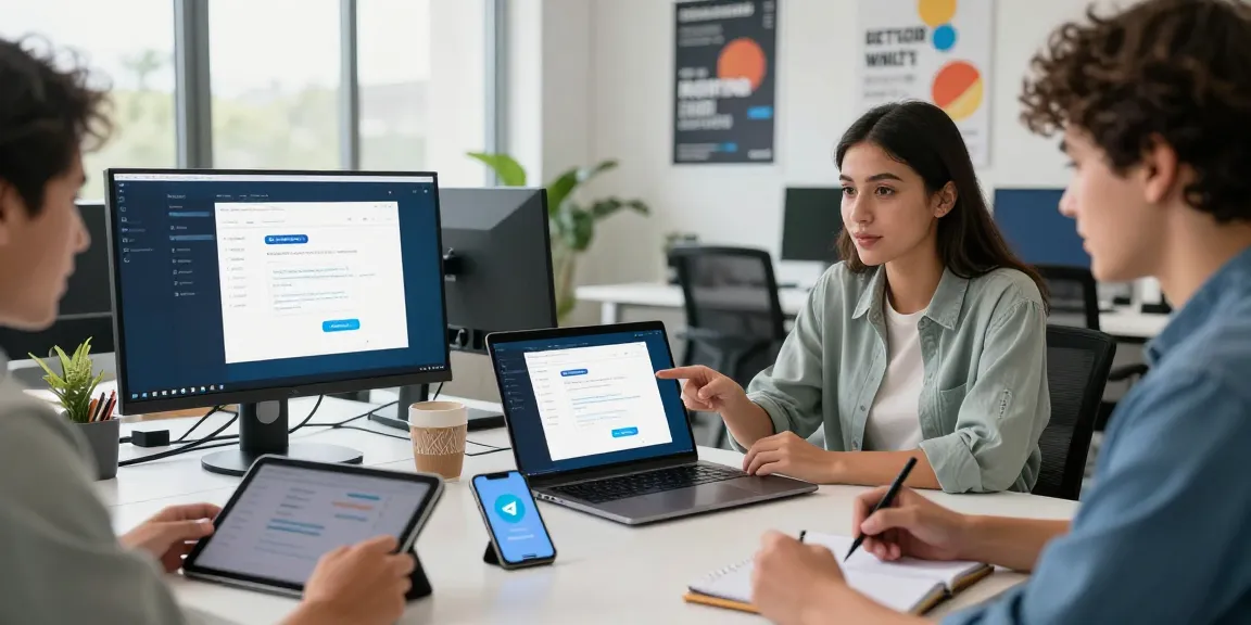 Explore Telegram Download in a modern workspace with team collaboration and tech gadgets.