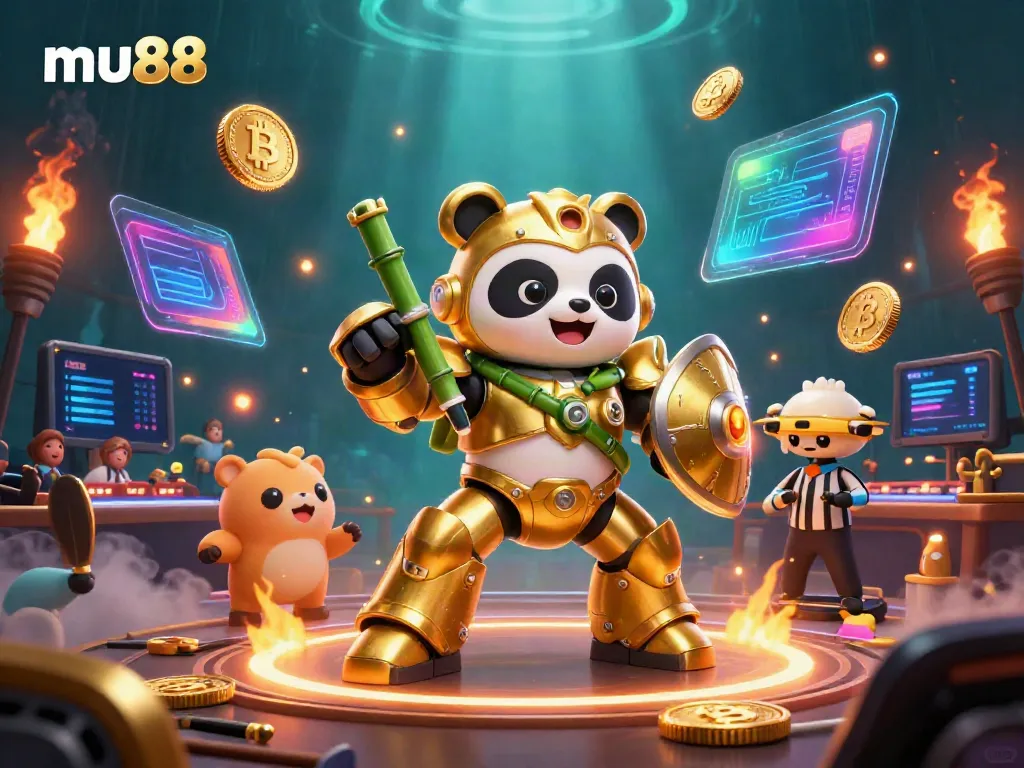 Experience the excitement of gambling with mu88 in a vibrant casino scene featuring a mech-suit panda and crypto elements.