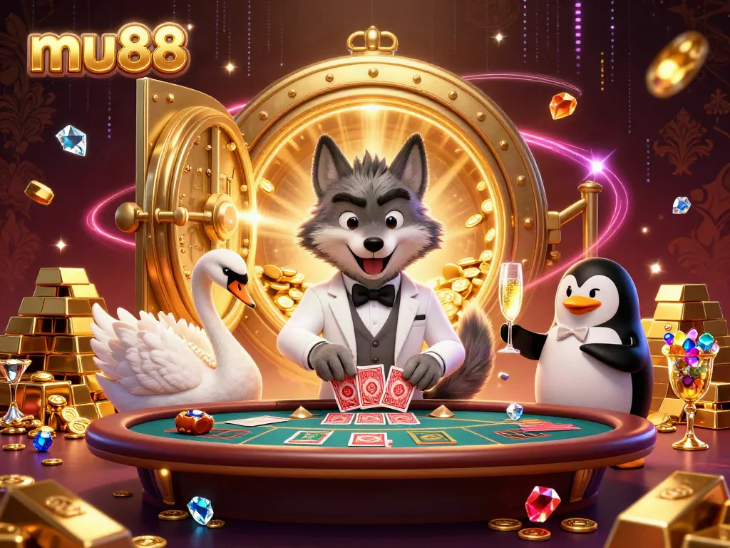 Experience thrilling casino action at MU88 with a luxurious baccarat scene featuring lively characters.