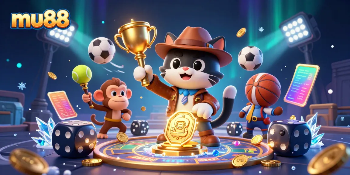 mu88 showcases an adventurous cat discovering a golden casino artifact amidst vibrant gambling elements