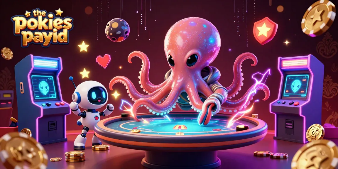 Experience the pokies payid with vibrant alien octopus at a futuristic poker table amidst dynamic gaming elements.