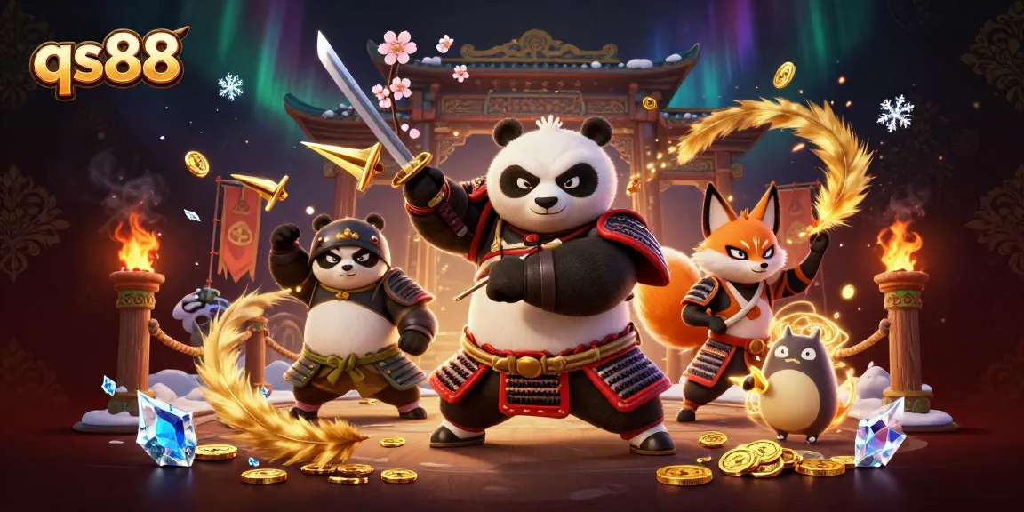 Experience thrilling action at qs88 with a fierce samurai panda and ninja fox in dynamic casino illustration.