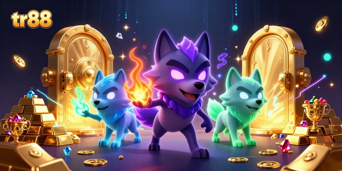 Experience thrilling gameplay at tr88 with a mystical 3D illustration of winning gold and treasures.